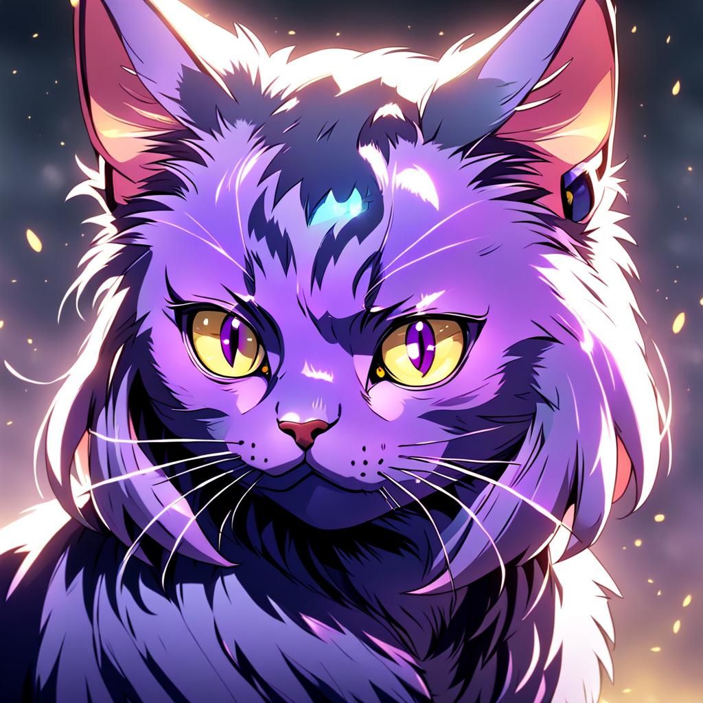 Purple Cat with Hazel Eyes in Anime Style