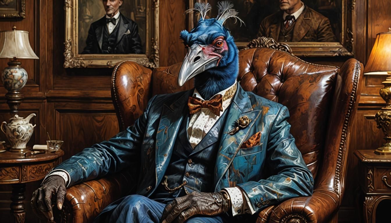Cassowary Gentleman in Tudor Parlor, Ink and Watercolor