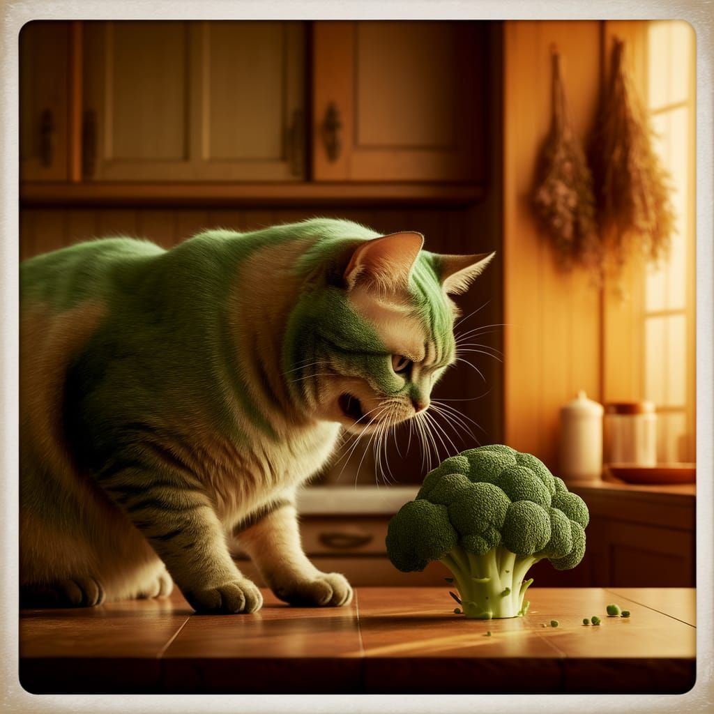 Green Cat Gagging at Broccoli in Vintage Photo Style