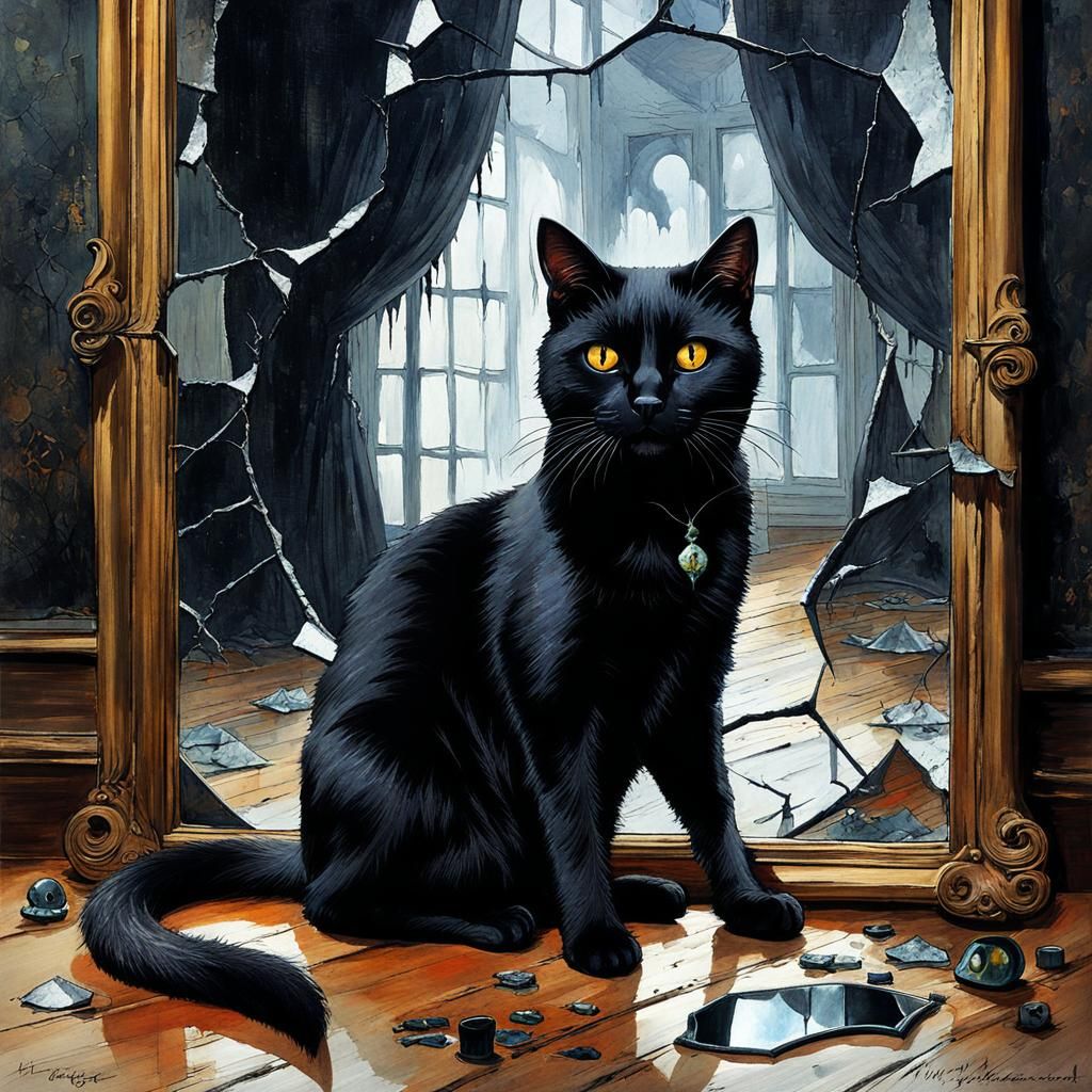 Macabre Black Cat and Broken Mirror, Gouache Style