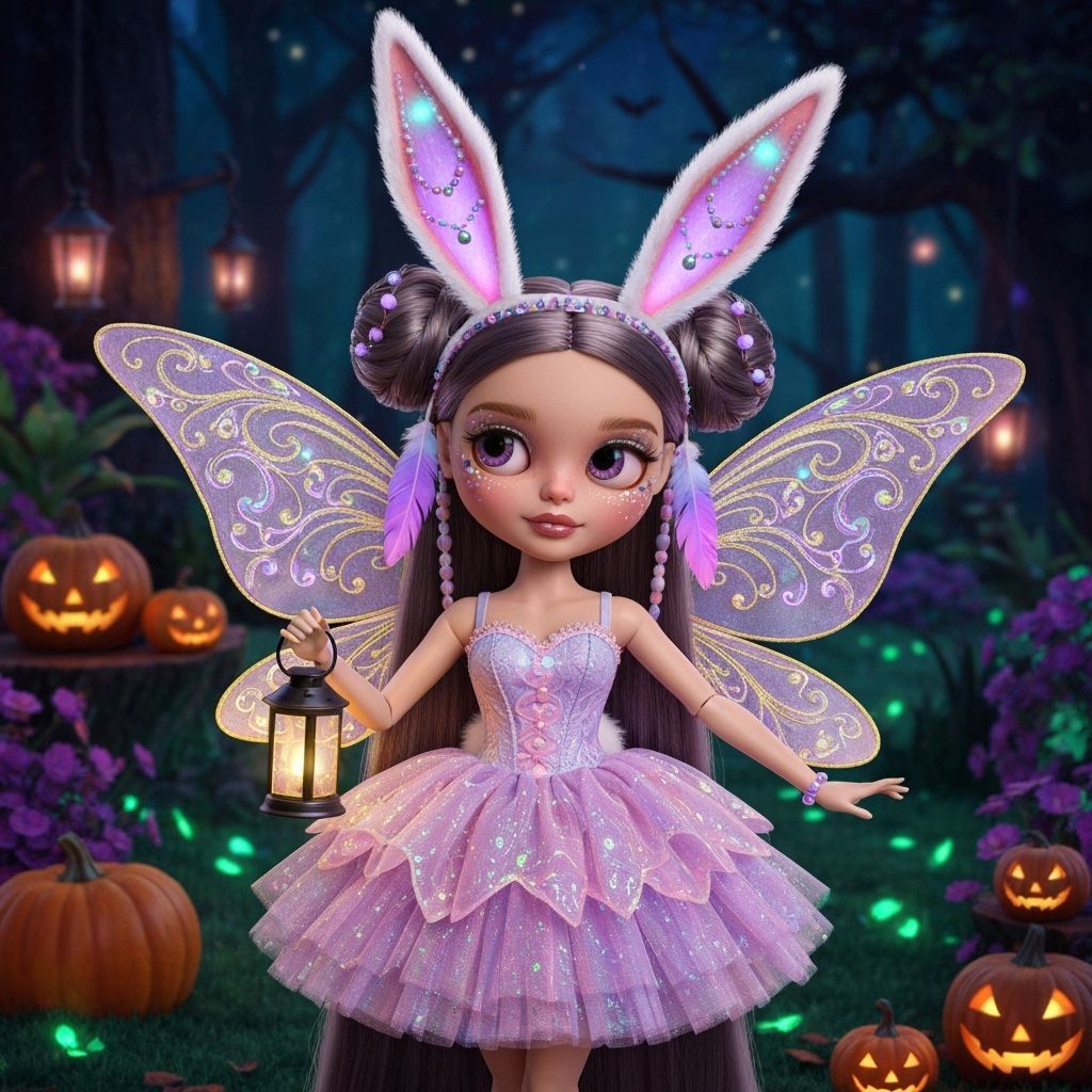 Doll in Ornate Rabbit Fairy Dress with Glowing Lantern