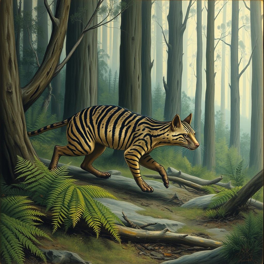 Thylacine in Tasmanian Forest, Mystical Wildlife Art