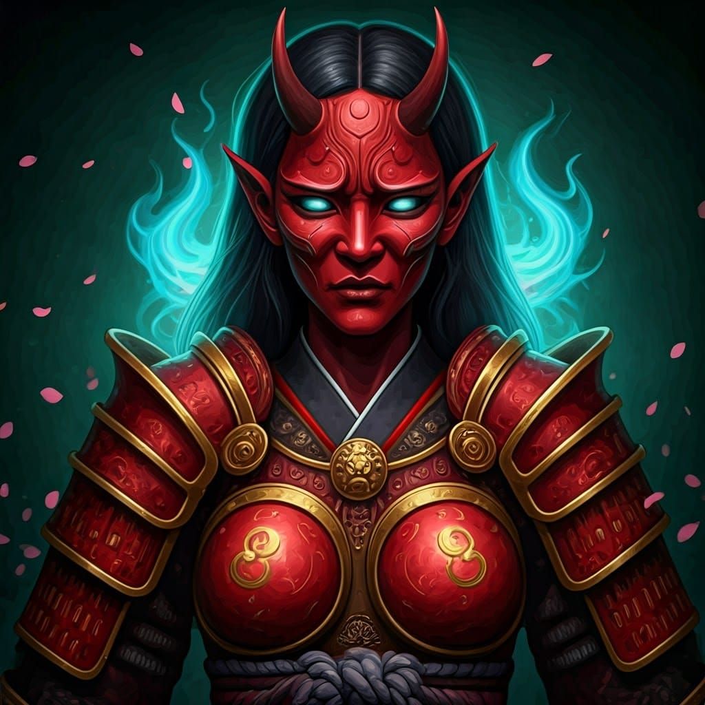 Oni Warrior in Crimson Armor: Japanese Art Style