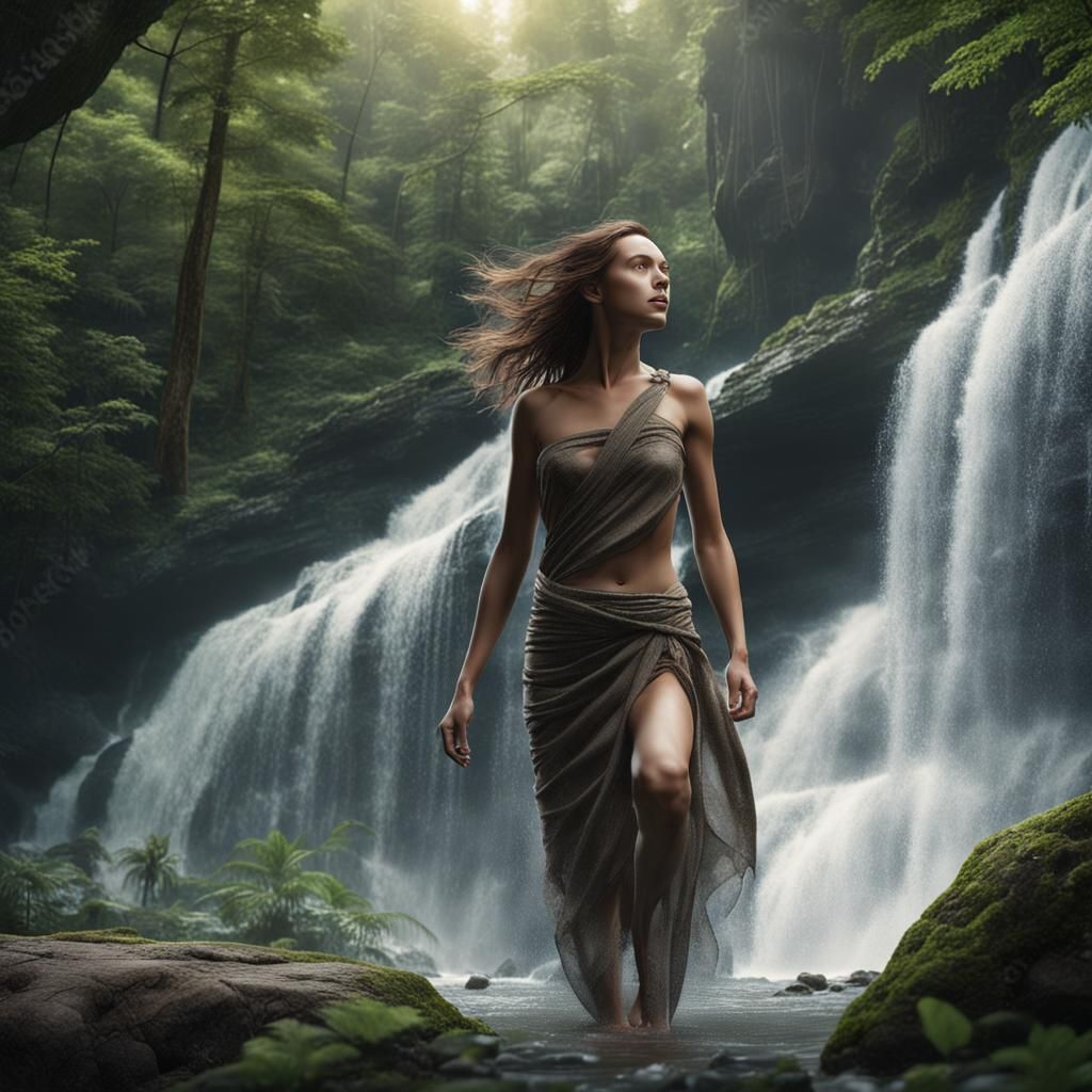 Woman in Waterfall, Photorealistic Matte Painting