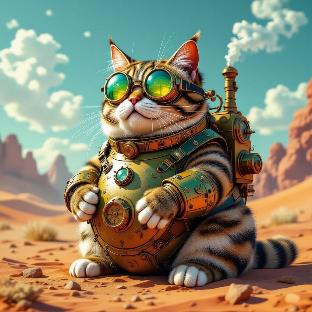 Steampunk Cat in Desert Landscape