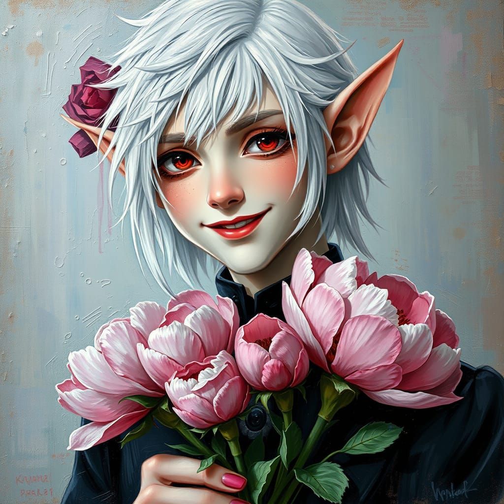 Elf in Gothic Suit with Peonies, Neo-Impressionist Style