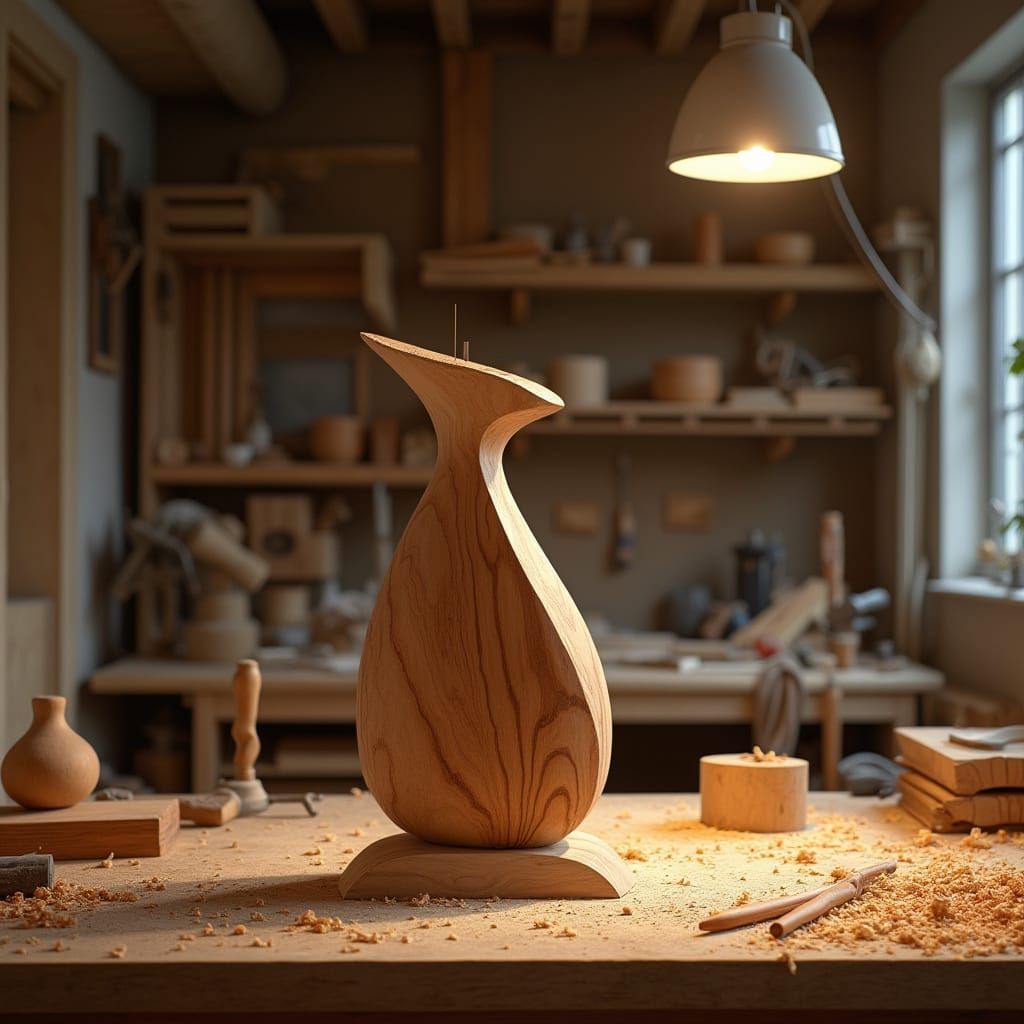 Masterful Wooden Sculpture in Modern Workshop