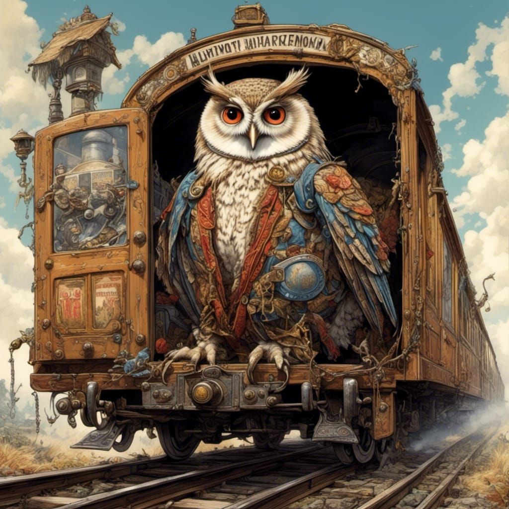 Owl Hobo Rides the Rails: Ink and Pencil Art