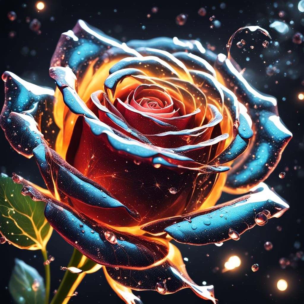 Transparent Rose with Fireflies: Hyperrealistic Splash Art