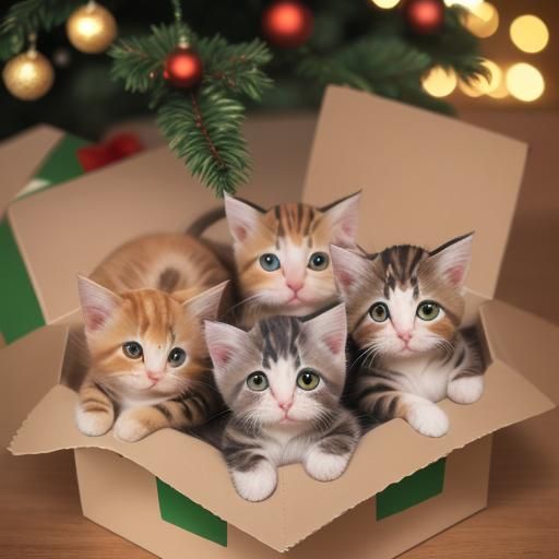 Kittens Overflowing in Shoebox Under Christmas Tree