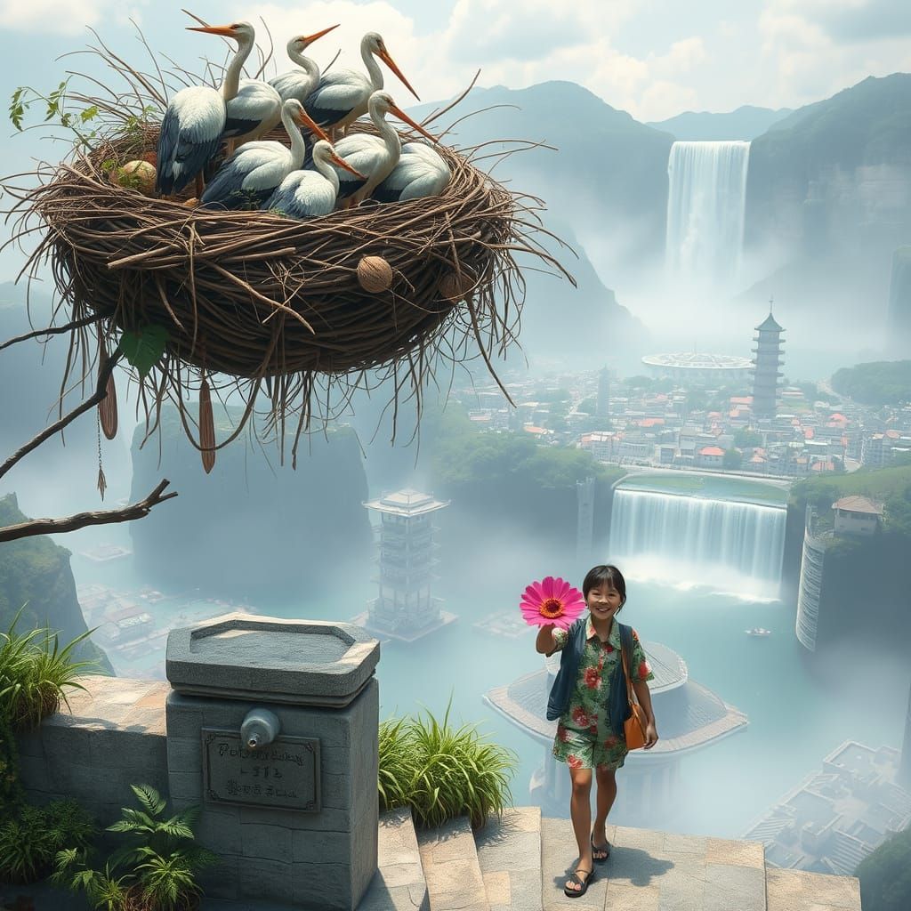 Utopian Japanese Water City with Stork Nests