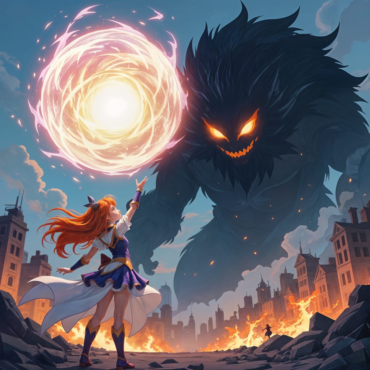 Sorceress Battles Shadow Beast in Anime Style