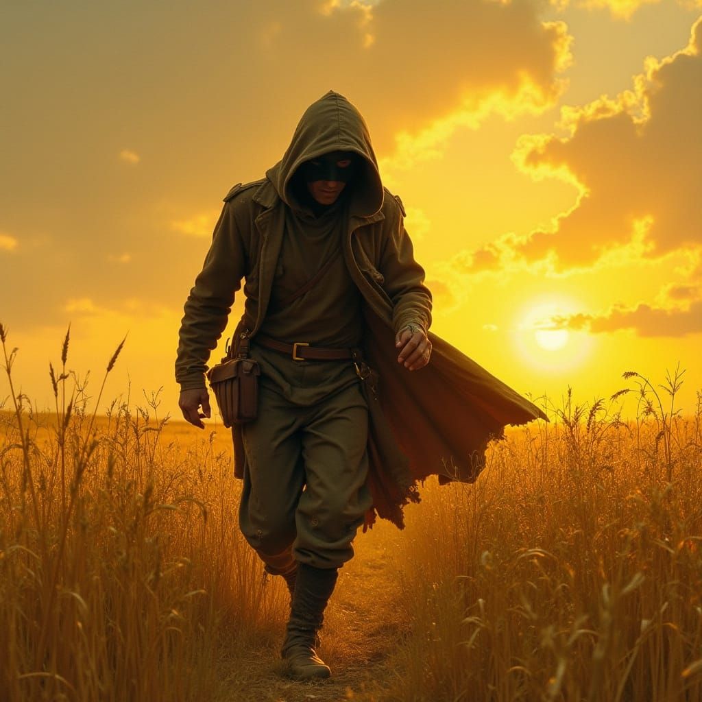 Sneaky Thief Emerges from Golden Wheat at Sunset