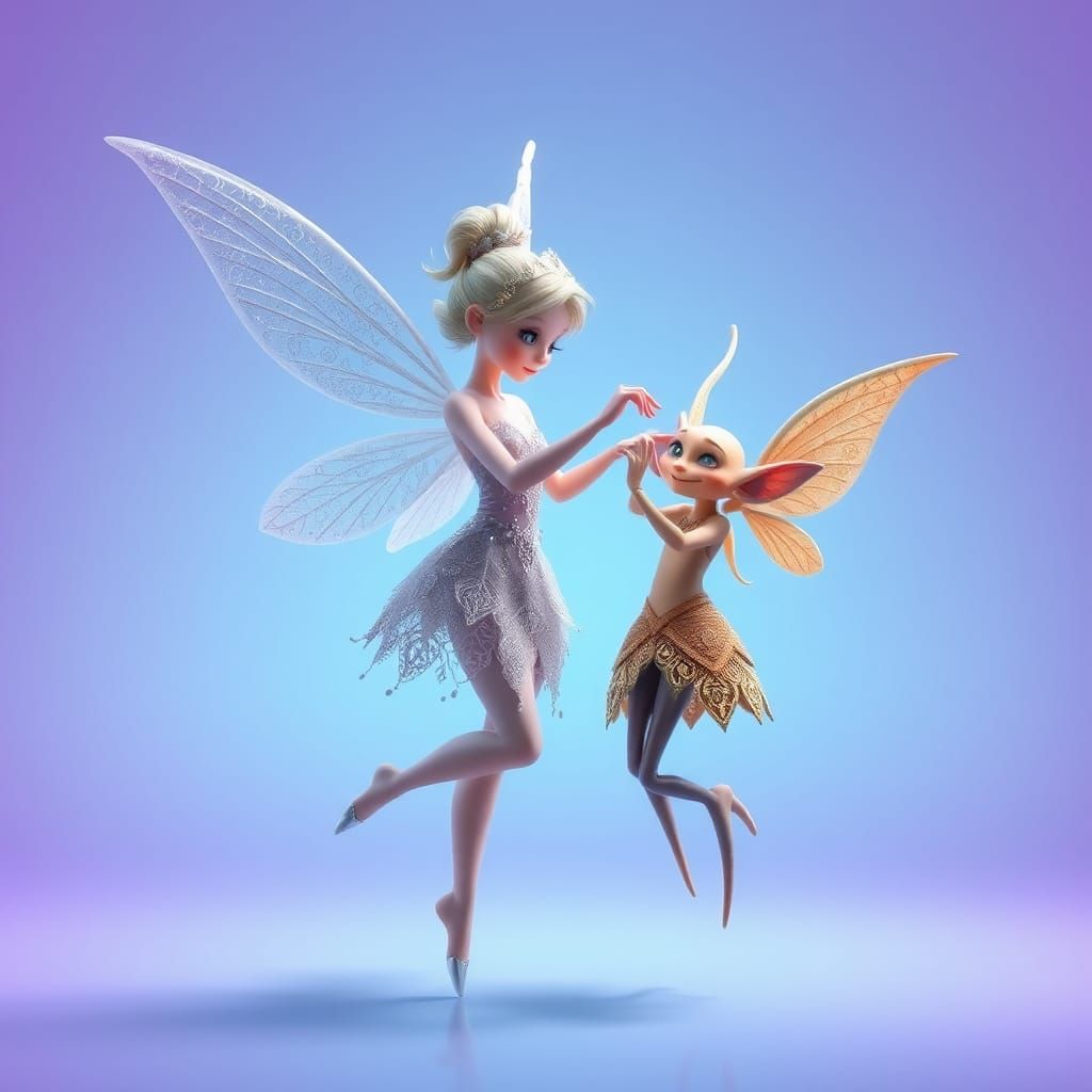 Fairy and Sprite Waltzing, Pixar-style 3D Digital Art