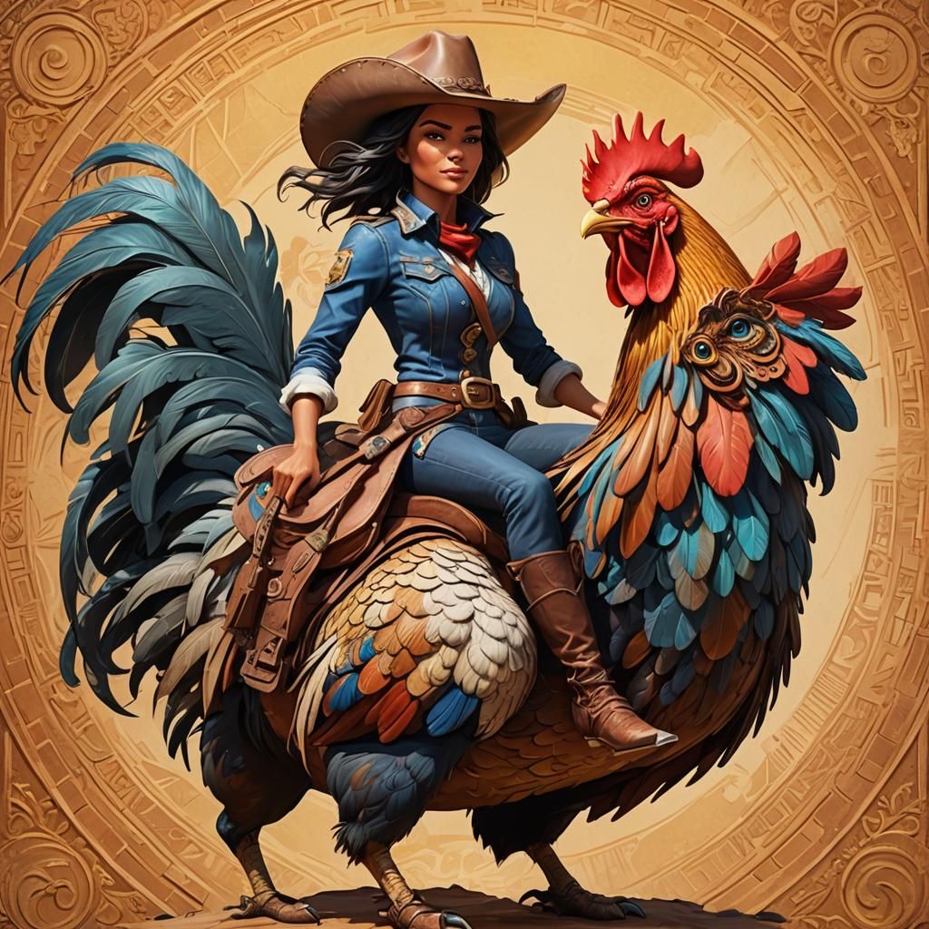 Cowgirl Rides Rooster in Leonardo da Vinci Style