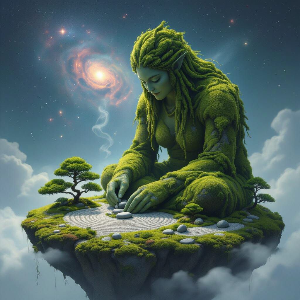 Giantess Tends Zen Garden on Floating Island in Nebula