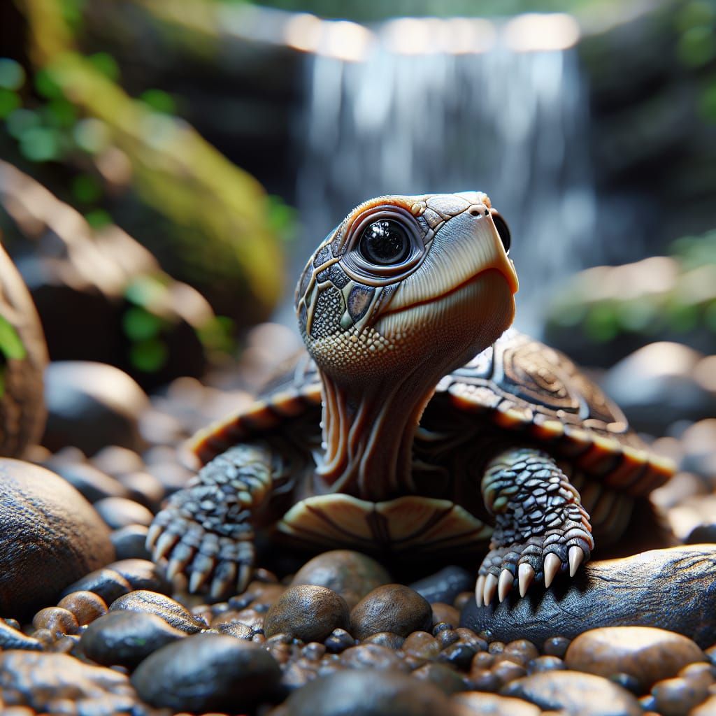 Photorealistic Turtle Hatchling in Rocky Stream