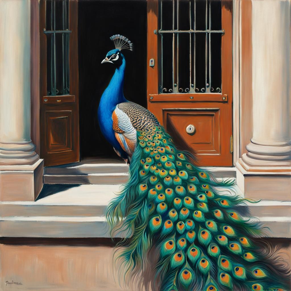 Peacock Portrait on Prison Porch in Pastel Style