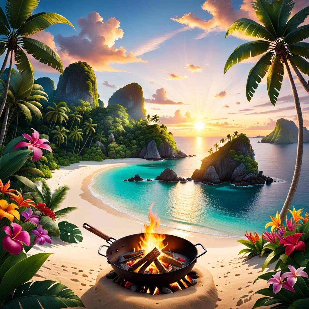 Tropical Paradise Island at Sunset: A Stunning View