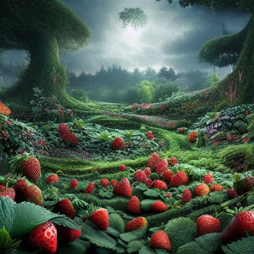 Glowing Strawberry Garden in Maximalist Style