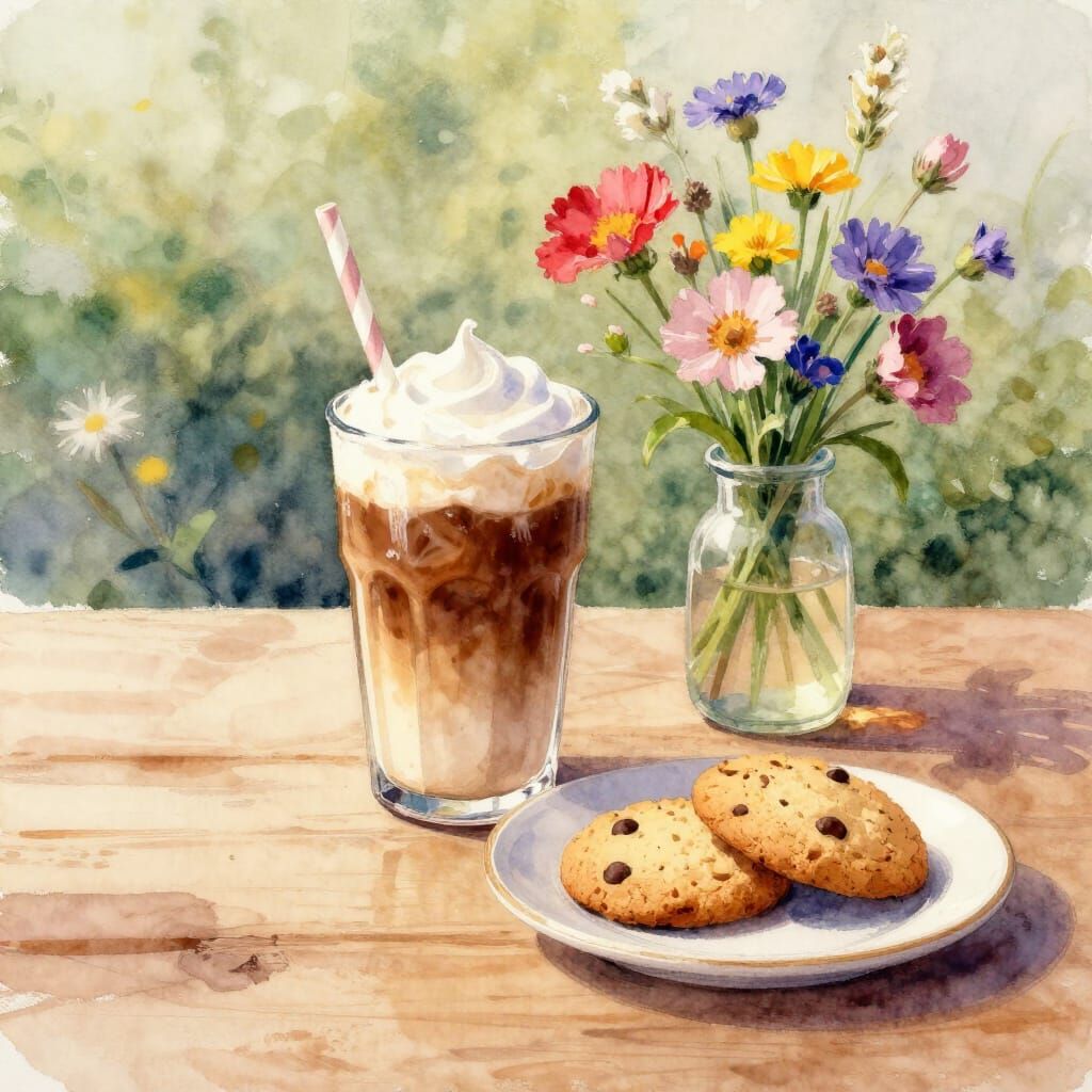 Iced Coffee, Cookies, and Wildflowers in Watercolor Style