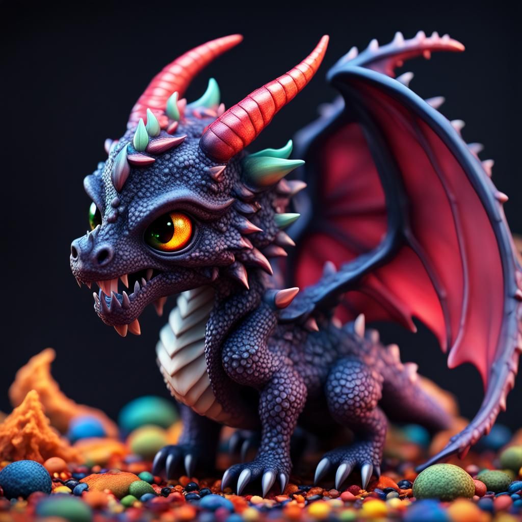 Adorable Dark Demon Chibi Dragon in Maximalist Style