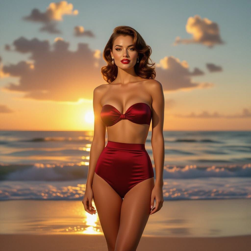 1950s Model on Beach at Sunset