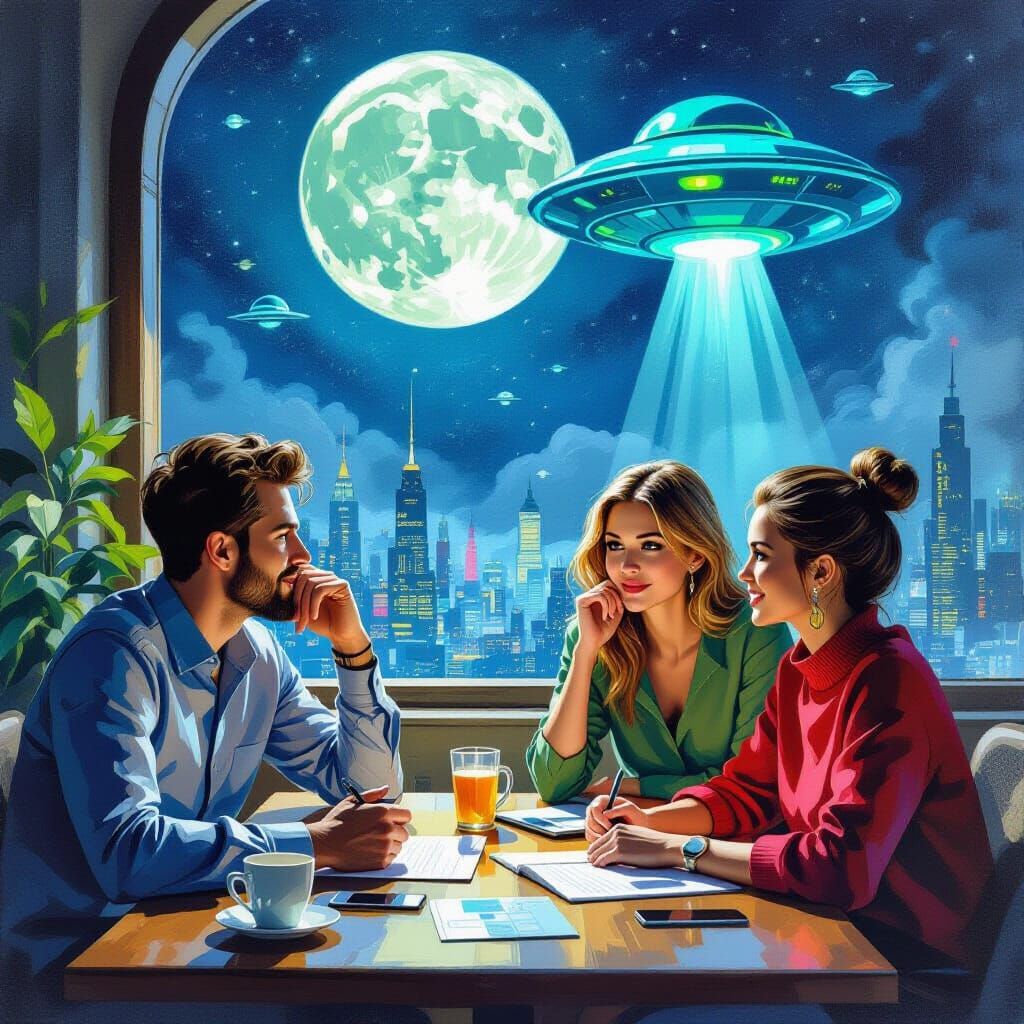 Gouache Painting: People Eager to Work for Aliens