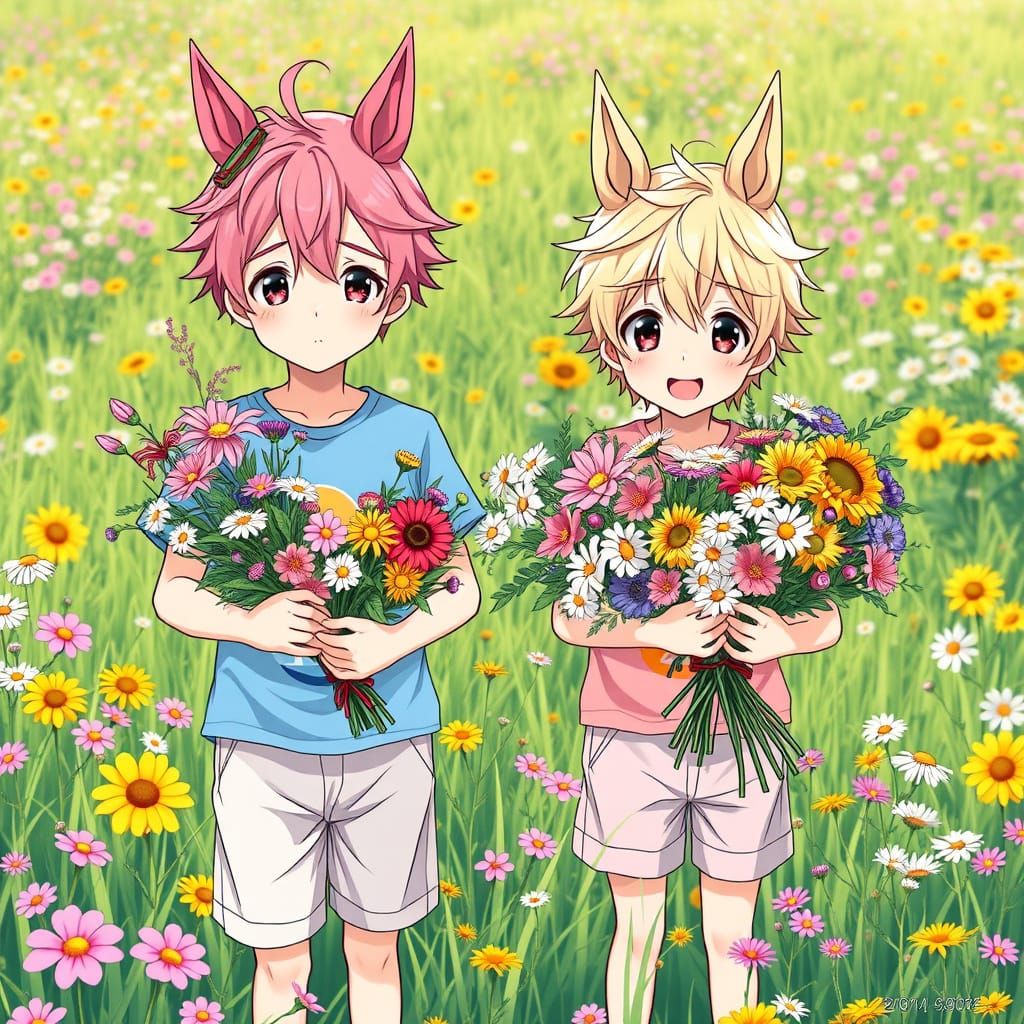 Charming Anime School Boys with Horse Ears in Vibrant Spring...