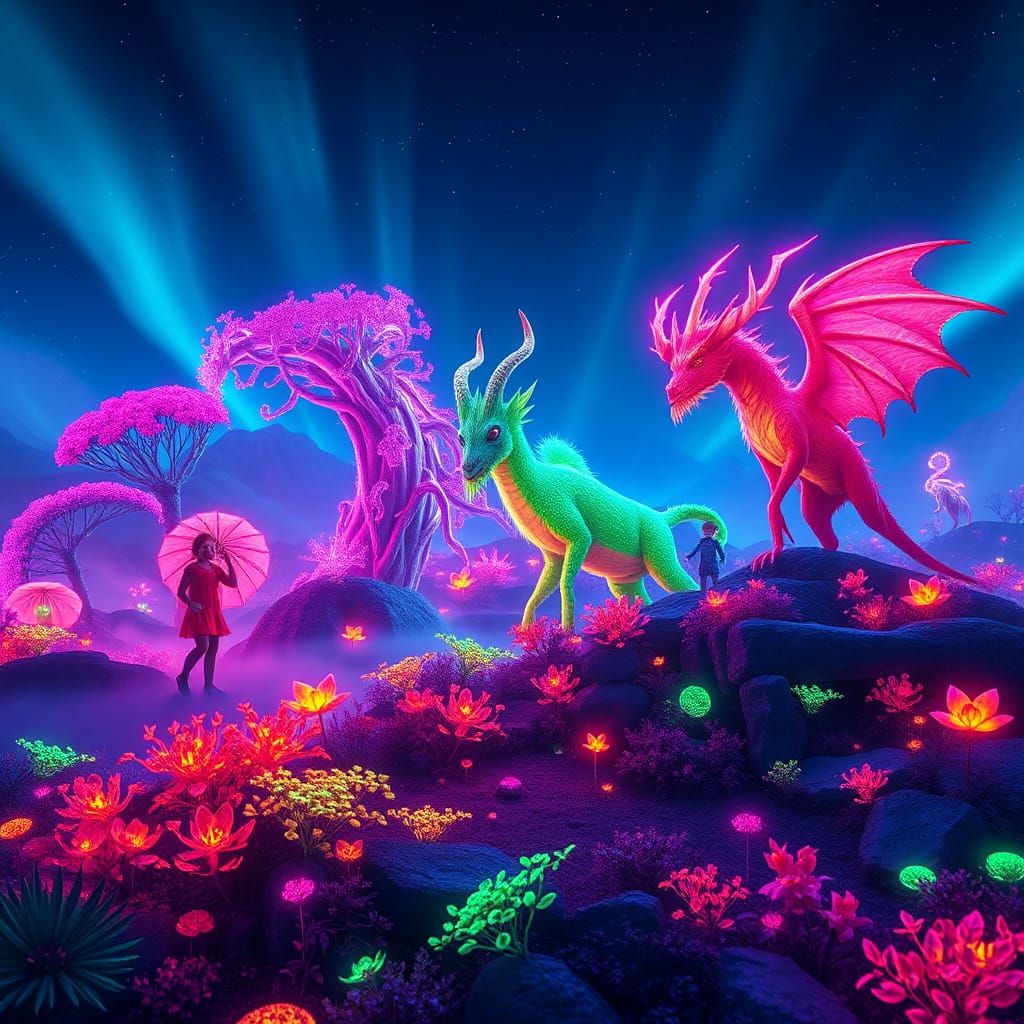 Fluorescent Fantasy Landscape with Mythical Creatures