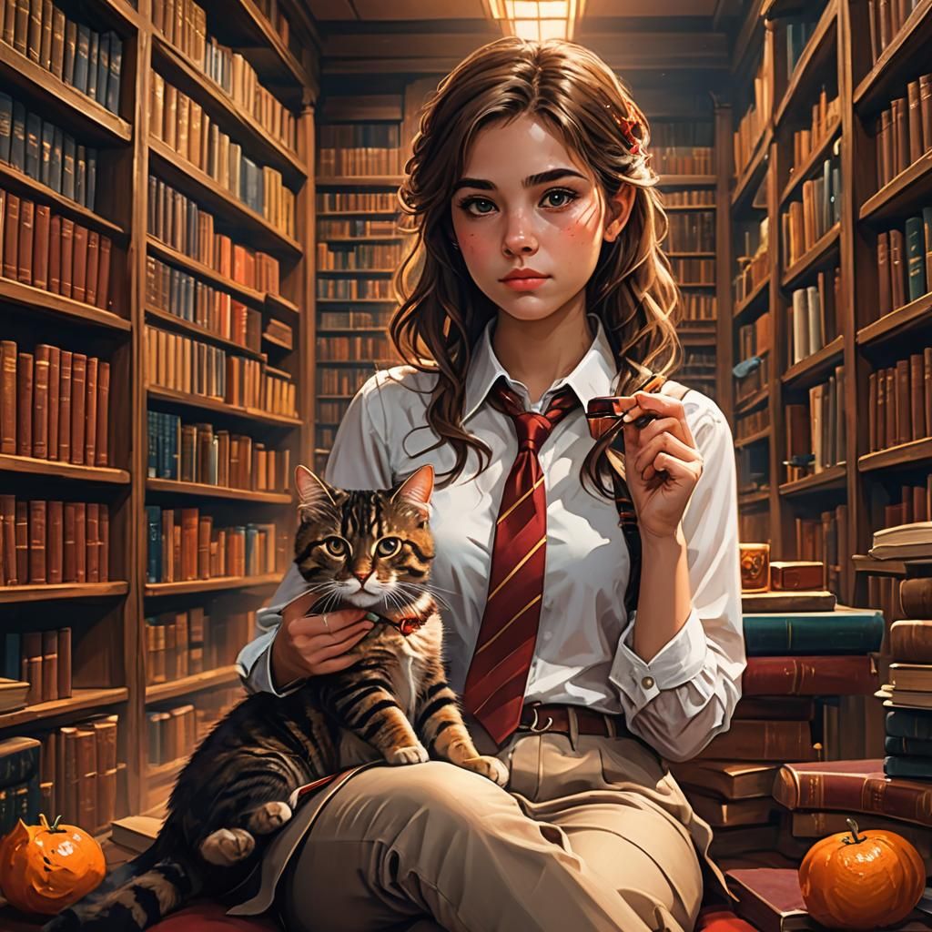Young Wizard with Cat in Library, Detailed Painting