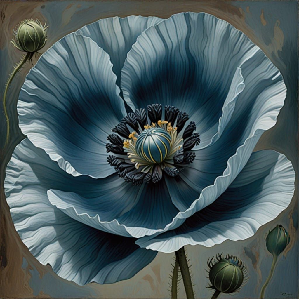 Surrealist Poppy in Vibrant Blues and Greys