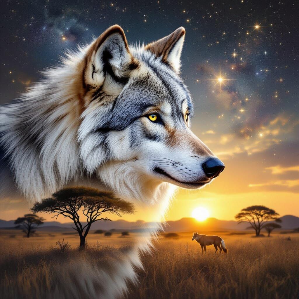 Realistic Wolf Blends into Cosmic Savanna at Sunset