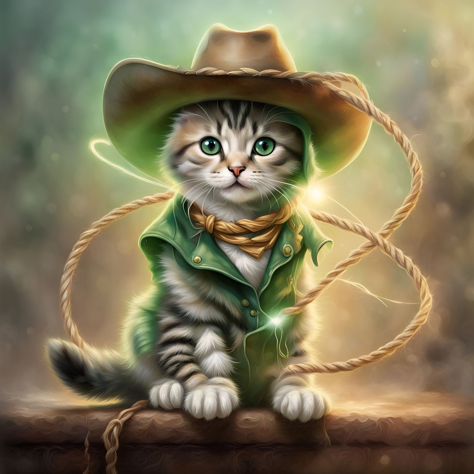 Green-Eyed Kitten Cowboy in Ethereal Fantasy Style