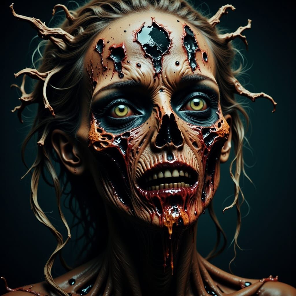 A Decaying Corpse Consumed by Carnivorous Insects in a Dark,...