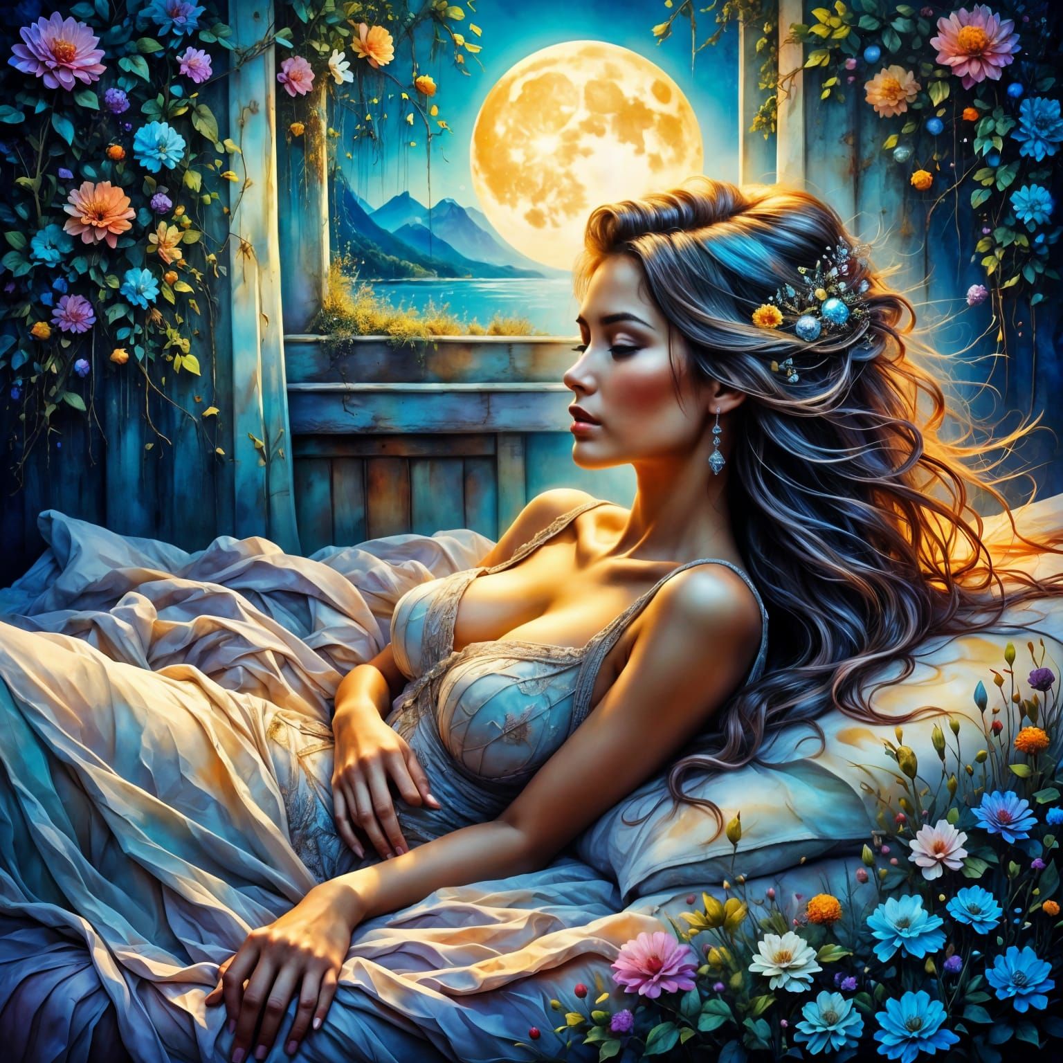 Couple in Chevy Van Under Moonlight