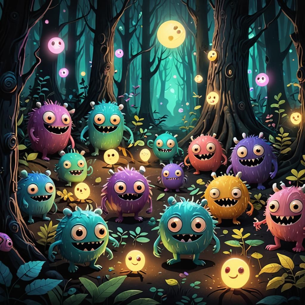 Cute Monsters Play in a Glowing Forest