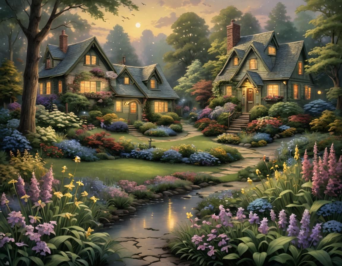 Fireflies Illuminate Cottage Garden: Impressionist Gouache