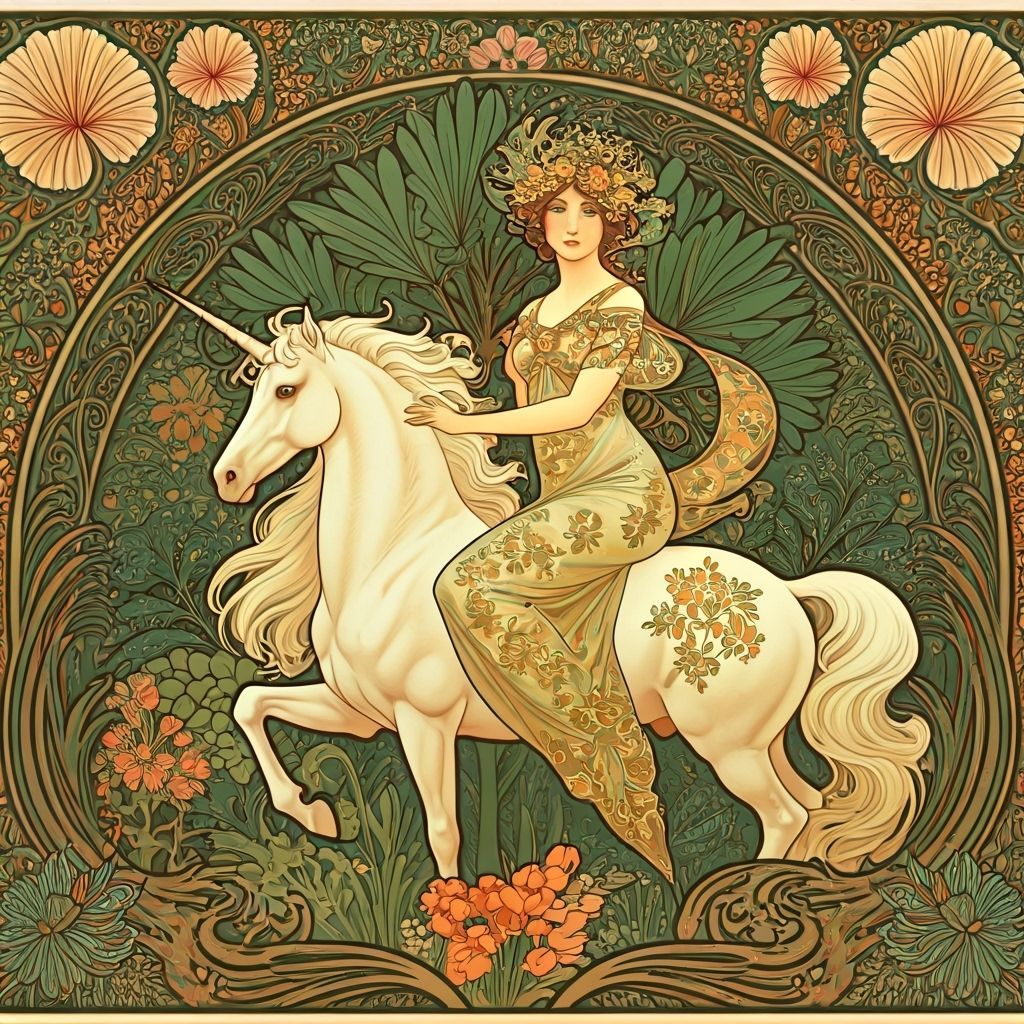 Woman and Unicorn in Lush Forest, Art Nouveau Style