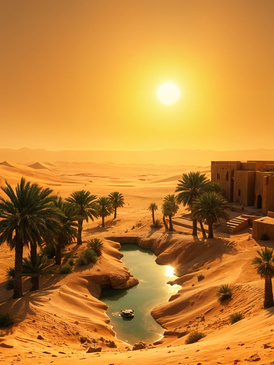 Vast Desert Oasis Amidst Vast Golden Dunes