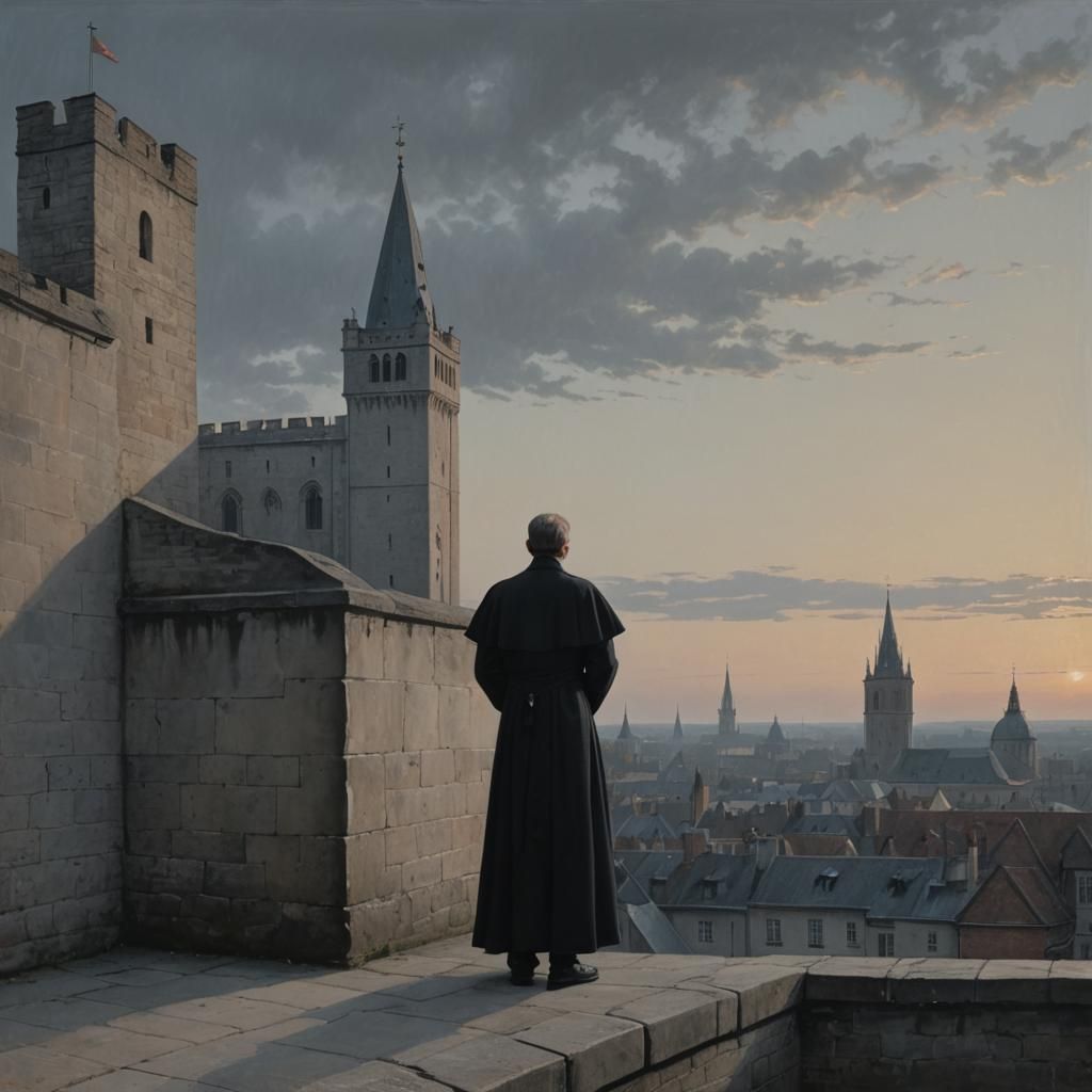 Man in Black Cassock at Twilight