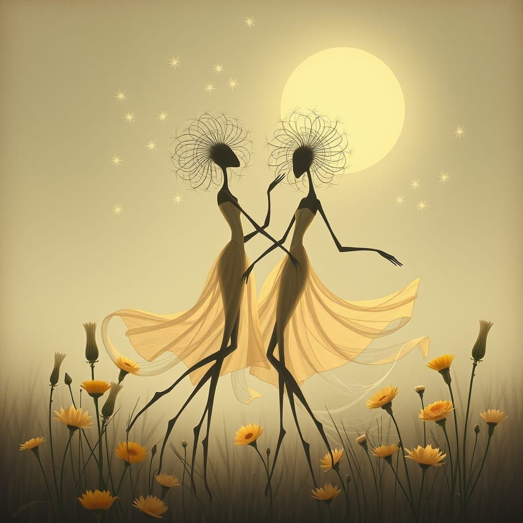 Whimsical Moonlit Dandelion Beings Dance in a Wildflower Mea...