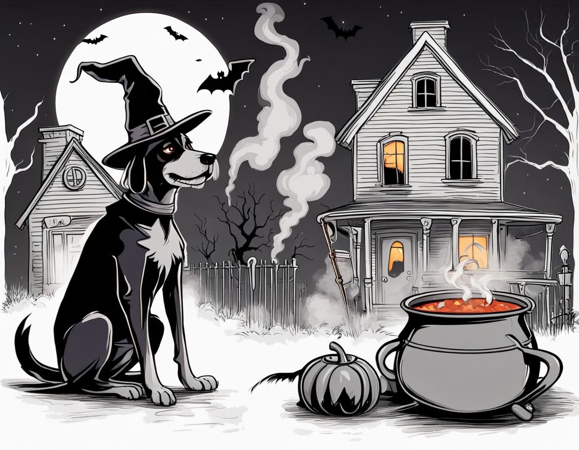 Halloween Dog with Cauldron and Spooky House