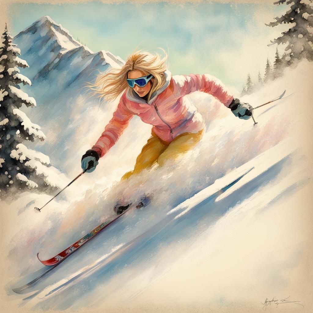 Female skier rushing down