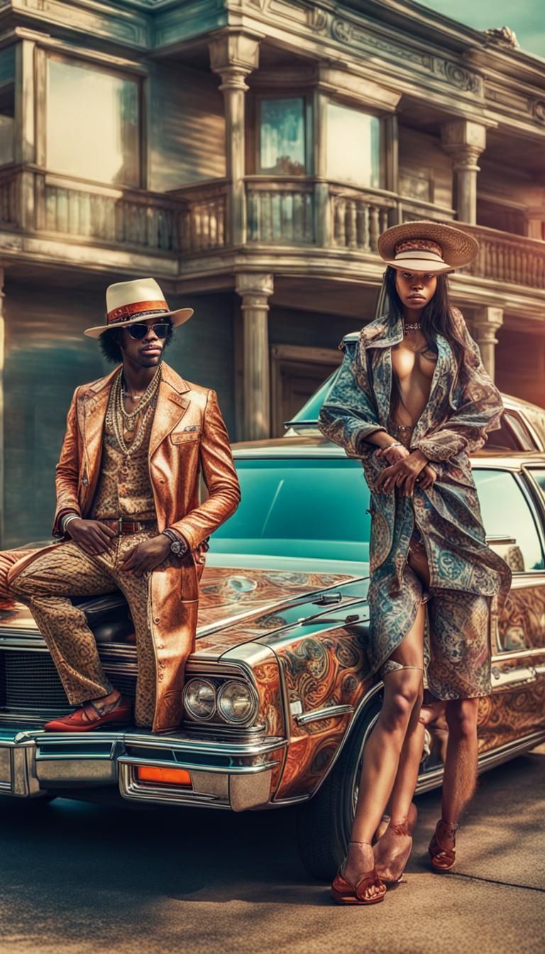A double exposure of a 70s style pimp posing next to a car with several women intricate details, HDR, beautifully shot, ...
