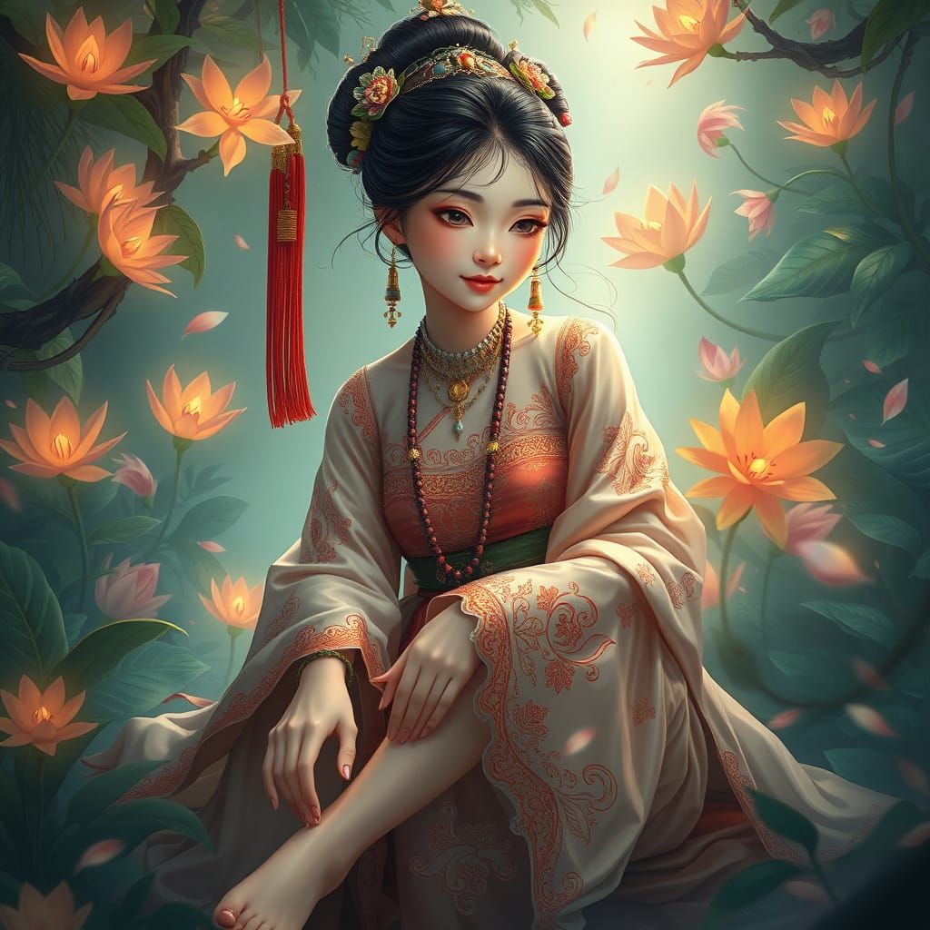 Ethereal Asian Goddess in Dreamlike Paradise