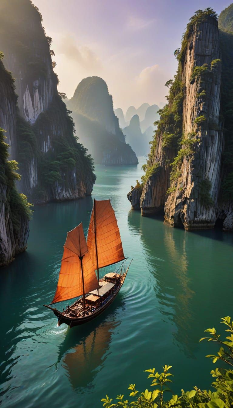 Ha Long Bay Landscape in Vibrant Golden Light