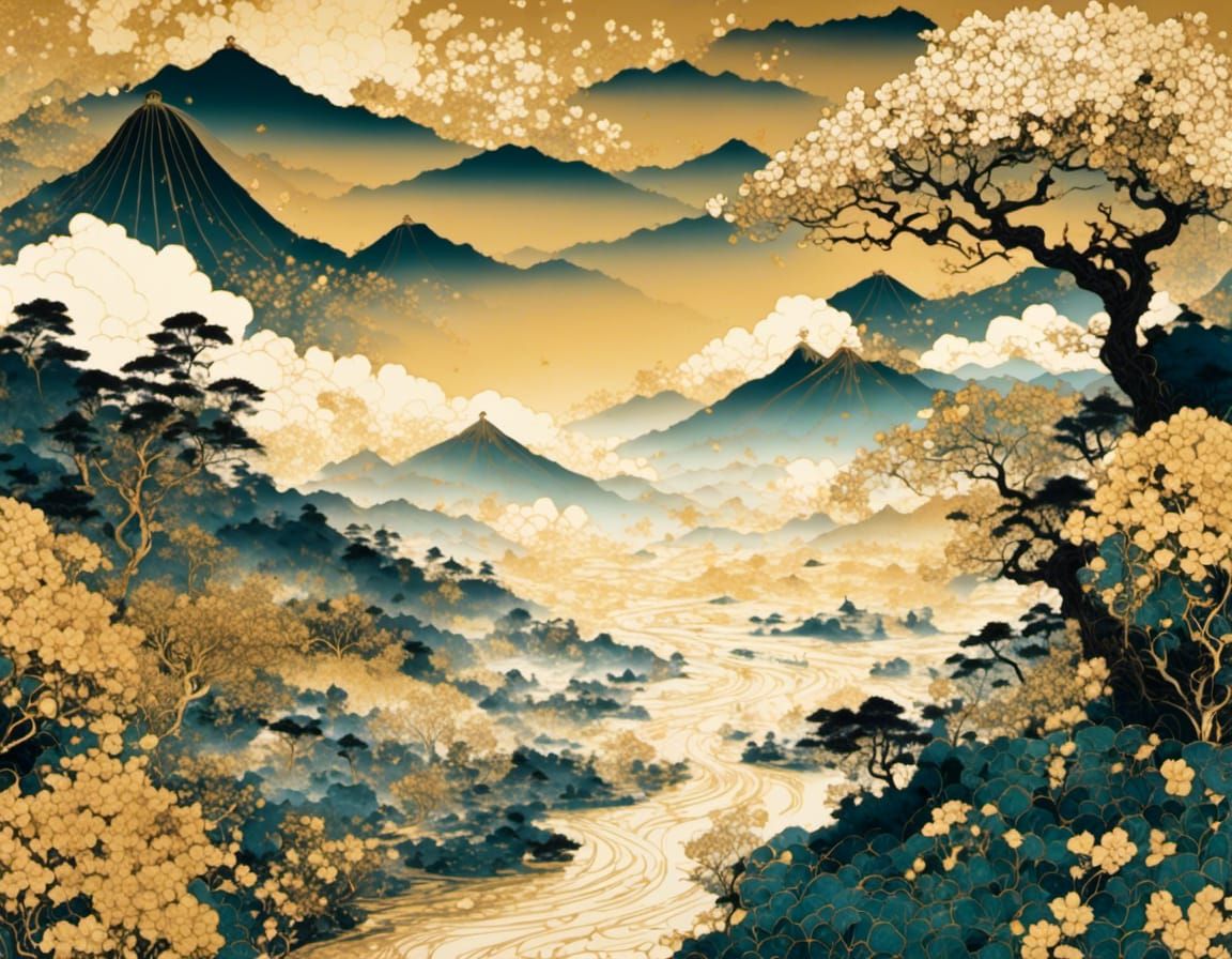 Ukiyo-e Landscape with Gold Filigree