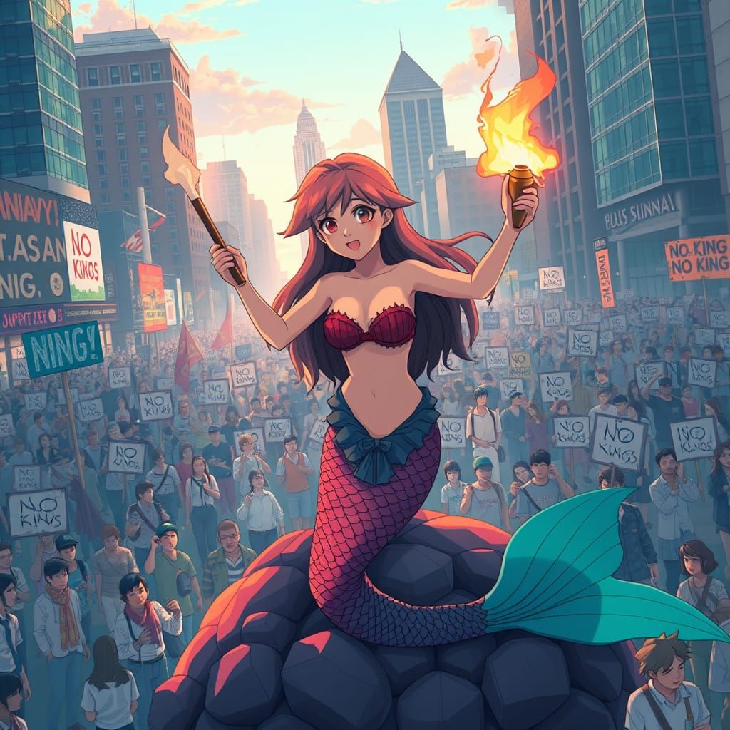 Mermaid with Molotov Cocktail in Anime Style