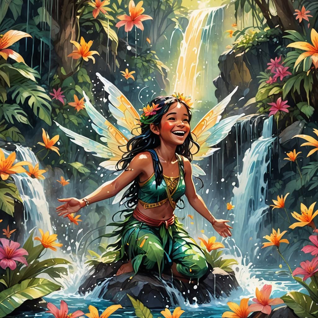 Laughing Polynesian Fairy in Watercolor Illustration